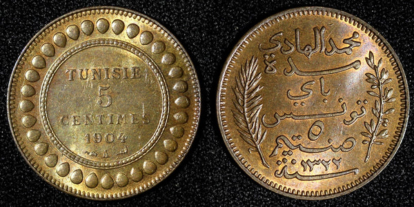 TUNISIA Muhammad IV Bronze AH1322 1904 A 5 Centimes aUNC/UNC   KM# 228 (28 225)