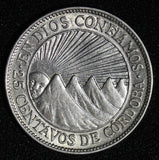 Nicaragua Silver 1936 25 Centavos Mint-100.000 Last Year Type XF KM# 14 (30 011)