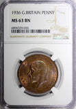 GREAT BRITAIN George V Bronze 1936 1 Penny NGC MS63 BN NICE TONING KM# 838 (026)