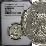 BRAZIL Silver 1932 2000 Reis NGC UNC DET.400th Annivers.of Colonization KM532(4)