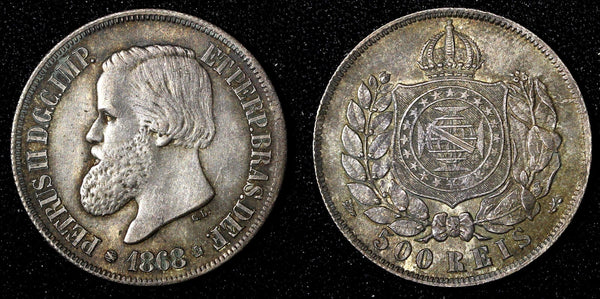 BRAZIL Pedro II Silver 1868 500 Reis Rio de Janeiro Nice Toned KM# 477  (27 513)