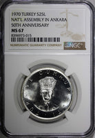 Turkey Silver PROOF 1970 25 Lira NGC MS67 Ankara TOP GRADED FLASHY KM# 897 (015)