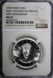 Turkey Silver PROOF 1970 25 Lira NGC MS67 Ankara TOP GRADED FLASHY KM# 897 (015)