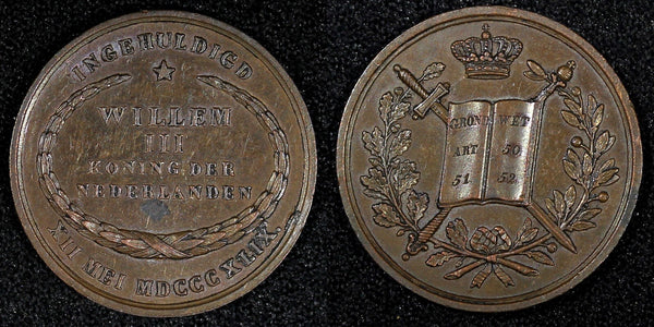 NETHERLANDS WILLEM III Bronze I 1849 Medal Coronation of Willem III 23mm (175)