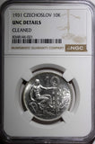 Czechoslovakia Silver 1931 10 Korun 30 mm NGC UNC DETAILS KM# 15 (021)