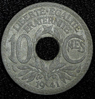 FRANCE  Zinc 1941 10 Centimes WWII Issue ch.XF KM# 897 (24 936)