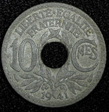 FRANCE  Zinc 1941 10 Centimes WWII Issue ch.XF KM# 897 (24 936)