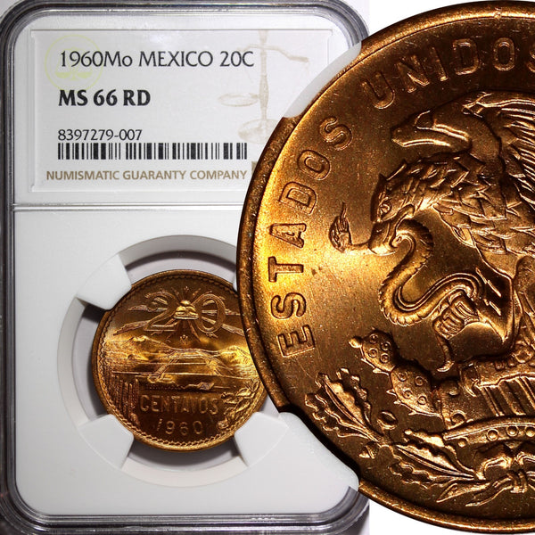 MEXICO Bronze 1960 Mo 20 Centavos NGC MS66 RD NICE FULL RED BU KM# 440 (007)