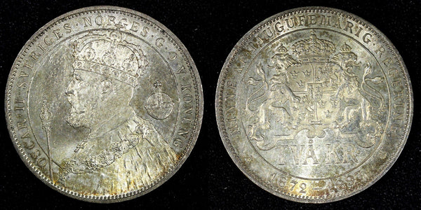SWEDEN Silver Jubilee Oscar II 1897 EB 2 Kronor UNC Nice Toned KM# 762 (25 253)