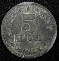 Yugoslavia Zinc 1945 5 Dinara WWII Issue 26.5mm 1 Year Type UNC KM# 28 (24 522)