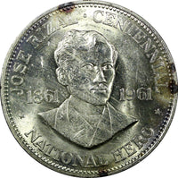 Philippines Silver 1961 1 Peso Birth of Dr. Jose Rizal  38mm KM# 192 (24 400)