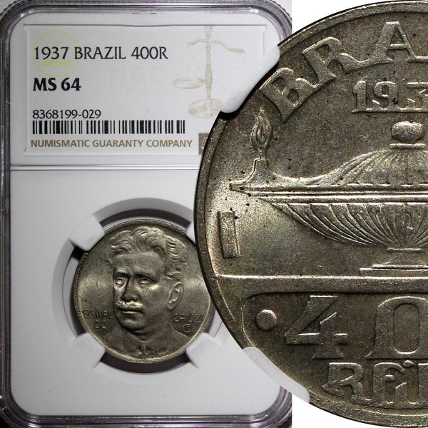 BRAZIL Oswaldo Cruz Copper-Nickel 1937 400 Reis NGC MS64 KM# 539 (029)