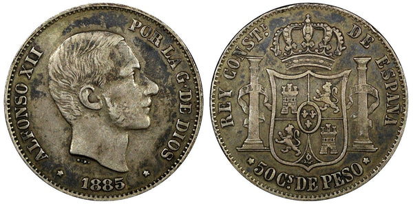 Philippines 	Alfonso XII Silver 1885 50 Centimos Manila 30mm Toned KM# 150 (402)