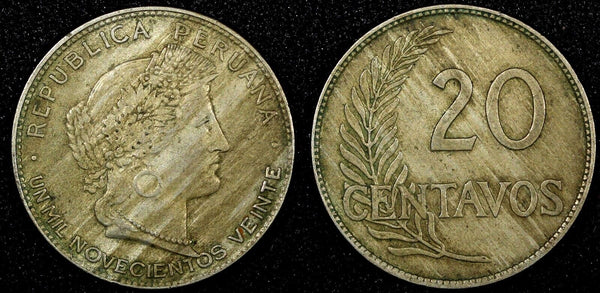 PERU Copper-Nickel 1920 20 Centavos KM# 215.1 (25 026)