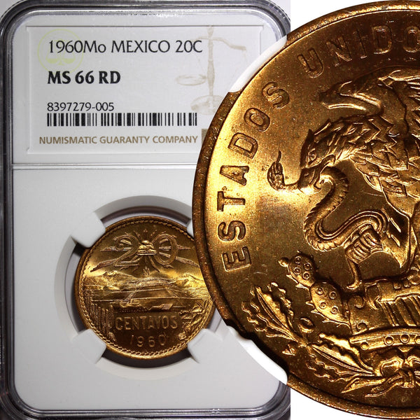 MEXICO Bronze 1960 Mo 20 Centavos NGC MS66 RD NICE FULL RED BU KM# 440 (005)