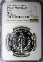 Philippines Silver PROOF LIKE 1967 Peso Bataan Day NGC PL66 	38.1 mm KM# 195 (6)