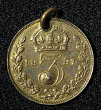 GREAT BRITAIN Victoria Silver 1897 3 Pence Charm Plated with Yellow Stone (015)