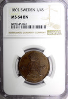 SWEDEN Gustav IV Adolf 1802 1/4 Skilling NGC MS64 BN TOP GRADED  KM# 564 (023)