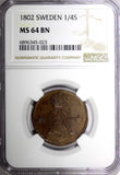 SWEDEN Gustav IV Adolf 1802 1/4 Skilling NGC MS64 BN TOP GRADED  KM# 564 (023)