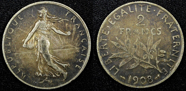 FRANCE Silver 1908 2 Francs Paris Mint 27mm Toned KM# 845.1 (25 555)