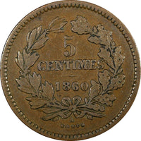 Luxembourg William III Bronze 1860 A 5 Centimes Paris Mint KM# 22.2 (24 501)