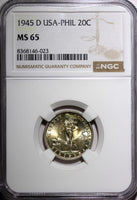 Philippines Silver 1945 D 20 Centavos NGC MS65 Nice GEM BU  KM#182 (023)