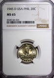Philippines Silver 1945 D 20 Centavos NGC MS65 Nice GEM BU  KM#182 (023)