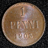 Finland Nicholas II Copper 1903 1 Penni aUNC-UNC KM# 13  (28 263)