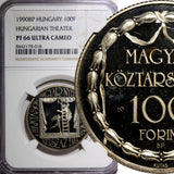 HUNGARY PROOF 1990 BP 100 Forint Hungarian Theater NGC PF66 ULTRA CAMEO KM# 701
