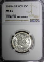 Mexico ESTADOS UNIDOS Silver 1944 M 50 Centavos NGC MS66 GEM BU KM# 447 (048)