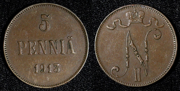 Finland Nicholas II Copper 1913 5 Penniä  KM# 15  (27 713)