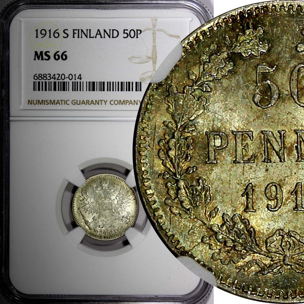 Finland Nicholas II Silver 1916 S 50 Penniä NGC MS66 GEM BU COIN KM# 2.2 (014)