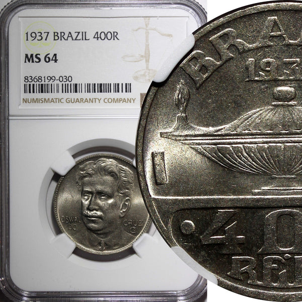 BRAZIL Oswaldo Cruz Copper-Nickel 1937 400 Reis NGC MS64 KM# 539 (030)