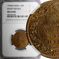 India-British George VI 1940 (B) 1/4 Anna Short Trefoils NGC MS64 RB KM# 531 (8)