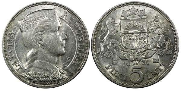 LATVIA Silver 1931 5 Lati Maiden's head 37 mm XF KM# 9 (24 337)