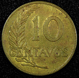 PERU Brass 1943  10 Centavos WWII ISSUE Philadelphia mint KM# 214a.1 (25 032)