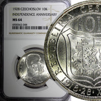 Czechoslovakia Silver 1928 10 Korun Anniversary of Independ.NGC MS64 KM# 12 (48)