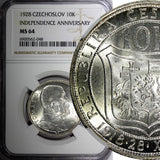 Czechoslovakia Silver 1928 10 Korun Anniversary of Independ.NGC MS64 KM# 12 (48)