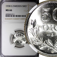 SWEDEN Gustaf V Silver 1938 G 50 Ore NGC MS66 GEM BU KM# 788 (011)