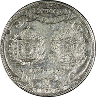 BRAZIL Silver 1922 2000 Reis Independence Centennial 1 YEAR TYPE KM# 523 (129)