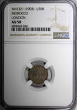 MOROCCO Abd al­ Aziz Silver AH 1321 1903 1/20 Rial London NGC AU58 Y# 18.1 (46)