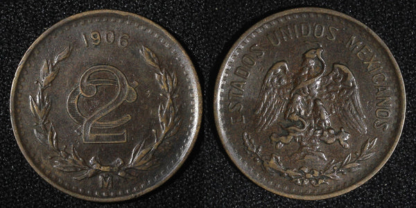 MEXICO  Bronze 1906 2 Centavos 	Narrow date XF  KM# 419 (27 415)