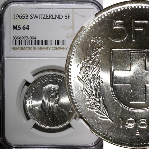 Switzerland Silver 1965 B 5 Francs NGC MS64 	31.45 mm GEM BU KM# 40 (4)