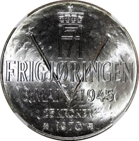 Norway Olav V Silver 1970 25 Kroner NGC MS67 Anniversary of Liberation KM#414(1)