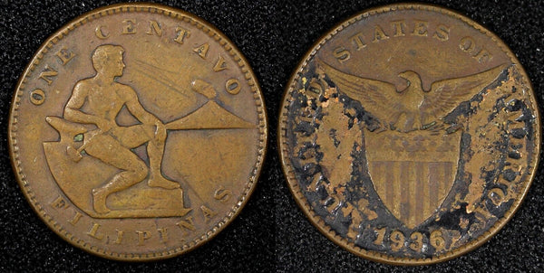 Philippines Bronze 1936 M 1 Centavo Manila Mint Uneven Toned KM# 163 (24 371)