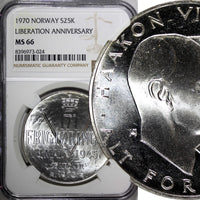 Norway Olav V Silver 1970 25 Kroner NGC MS66 Anniversary of Liberation KM#414(4)