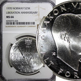 Norway Olav V Silver 1970 25 Kroner NGC MS66 Anniversary of Liberation KM#414(4)