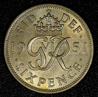 Great Britain George VI Copper-Nickel 1951 6 Pence aUNC  KM# 875 (24 873)