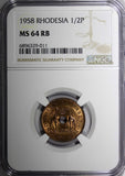 Rhodesia And Nyasaland Bronze 1958 1/2 Penny NGC MS64 RB GEM BU KM# 1 (011)