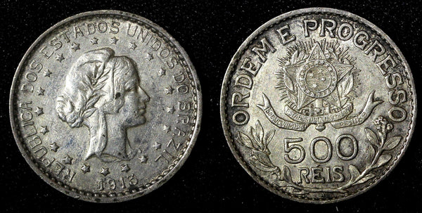BRAZIL Silver 1913 A  500 Reis 1 Year Type aUNC KM# 512 (27 457)